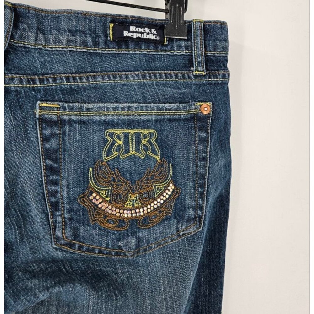 ROCK & REPUBLIC ROTH crthwrw Women Sz 31 Flare Dark Wash Jean Embellished - Picture 3 of 6
